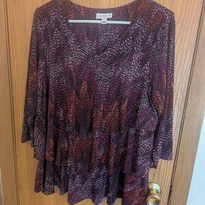 Susan Graver‎ Liquid Knit Tiered Ruffle 3/4 Sleeve V-Neck  Pink, Purple, Black-M